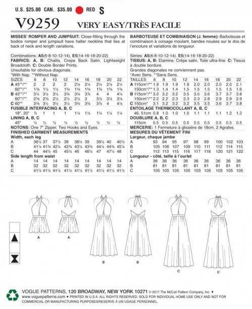 Vogue Sewing Pattern 9259, Jumpsuits for Women, A5 (6-8-10-12-14) - Easy
