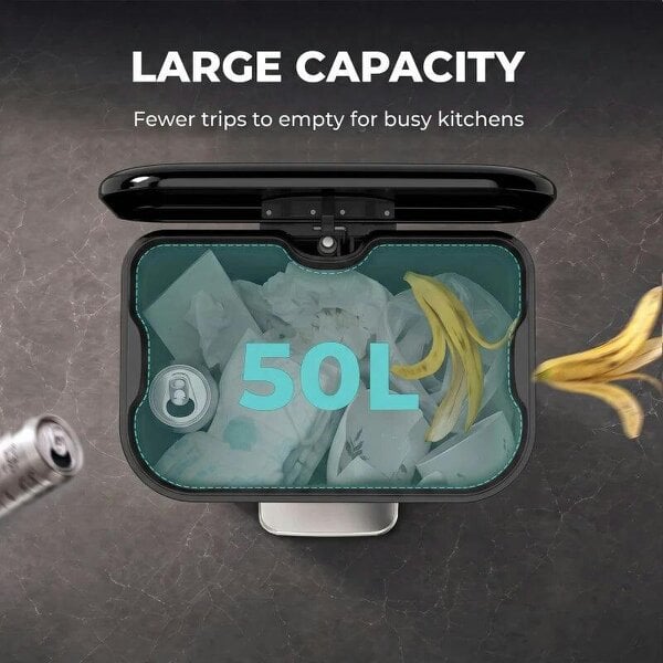 50 L Kitchen Pedal Bin, Metal Rubbish Bin with Removable Inner Bucket, Soft-Close & Stay-Open Lid, High Gloss Black