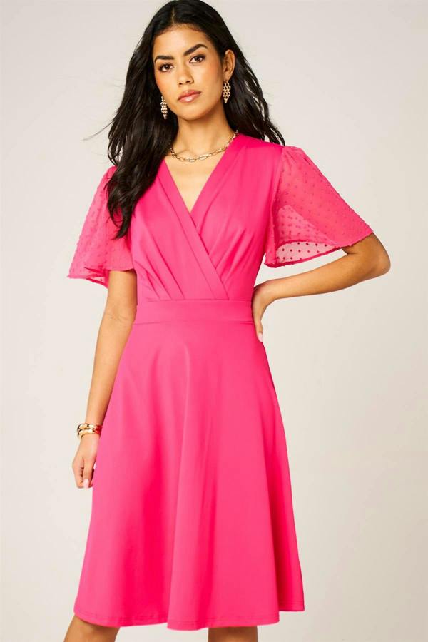 FS Collection Angel Sleeve Pleated Detail Midi Dress In Hot Pink