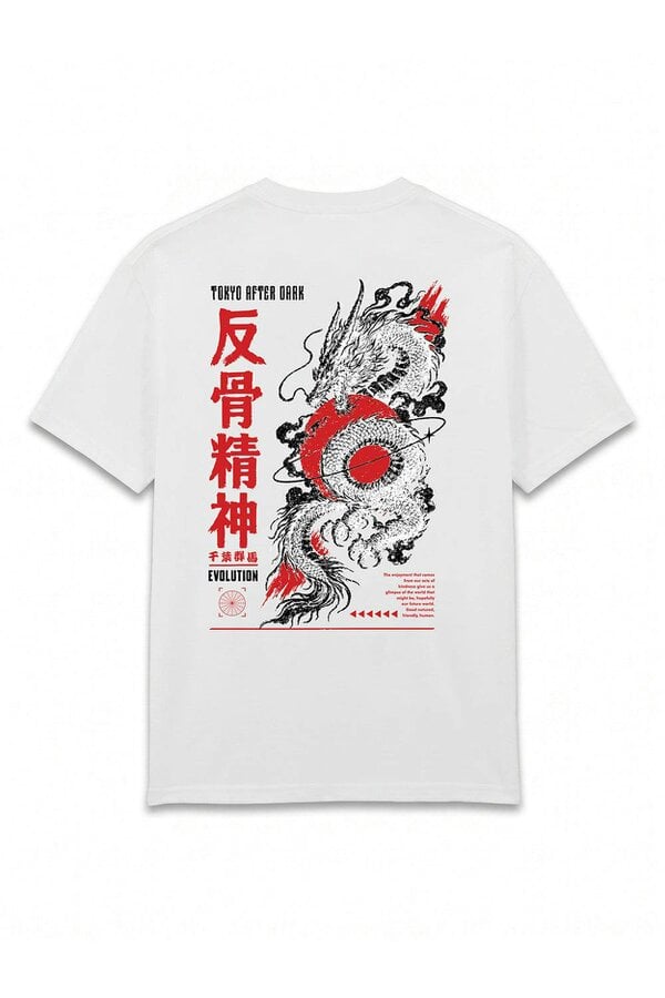 London Attitude Tokyo After Dark Dragon Oversized Heavyweight Graphic T-Shirt in White