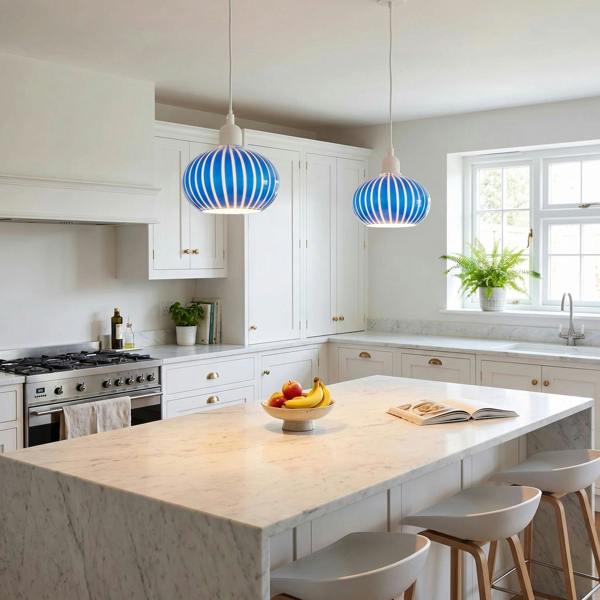 Bright Royal Blue and White Striped Glass Pendant Lighting Shade Image 6