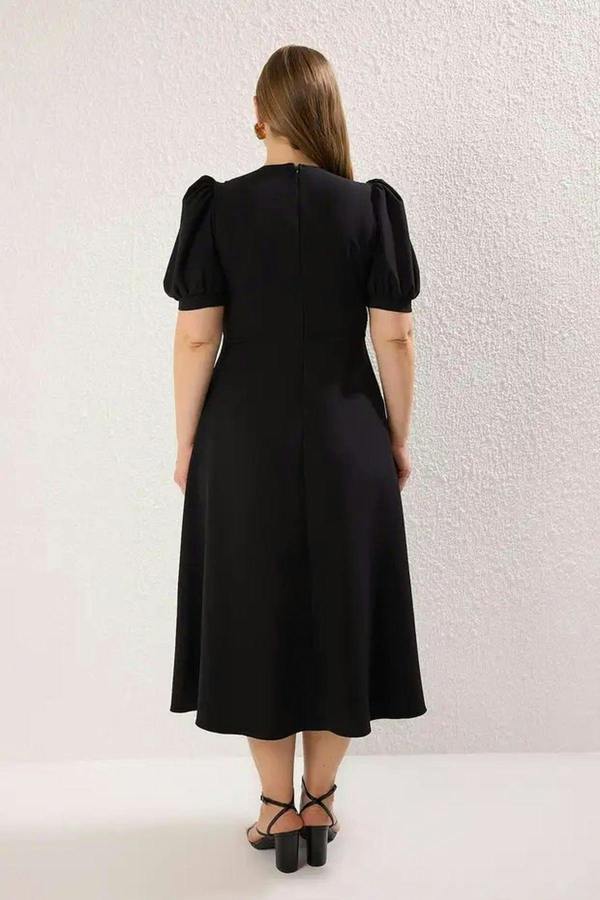 WOVCOR V-Neck Balloon Sleeve Pearl Button Midi Elegant Woven Plus Size Dress