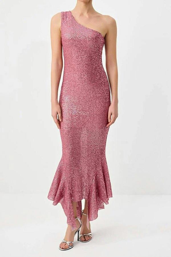 Sequin Embellished Asymmetric One Shoulder Maxi Dress
