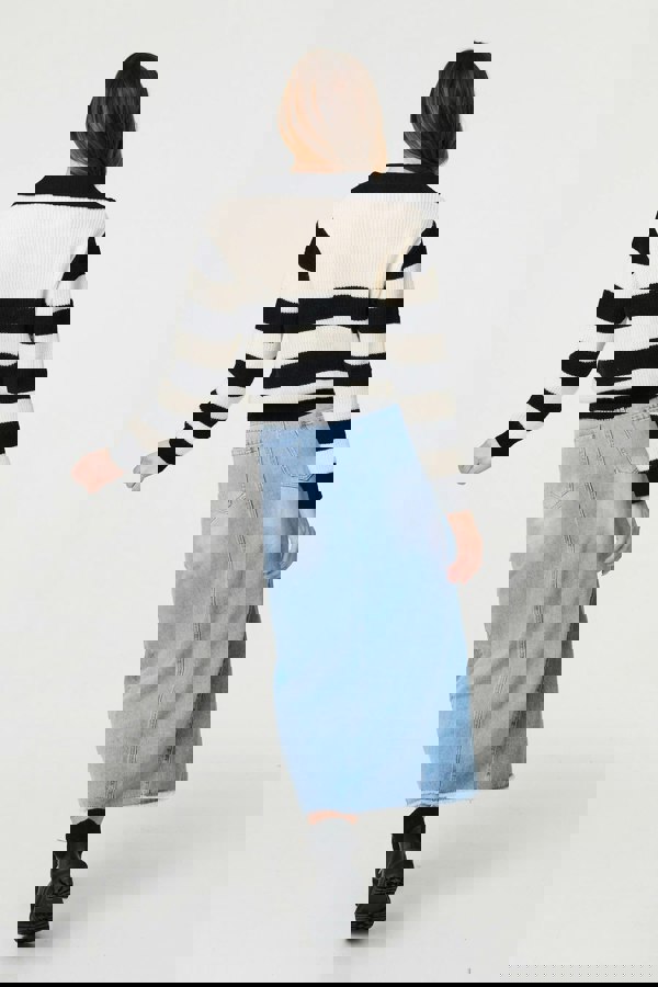 White | Striped Knit 1/4 Zip High Neck Pullover
