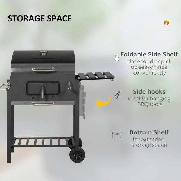 Black charcoal grill with foldable side shelf, side hooks, and lower storage shelf