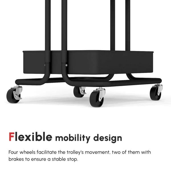 Black trolley base with four caster wheels and three-tier storage frame