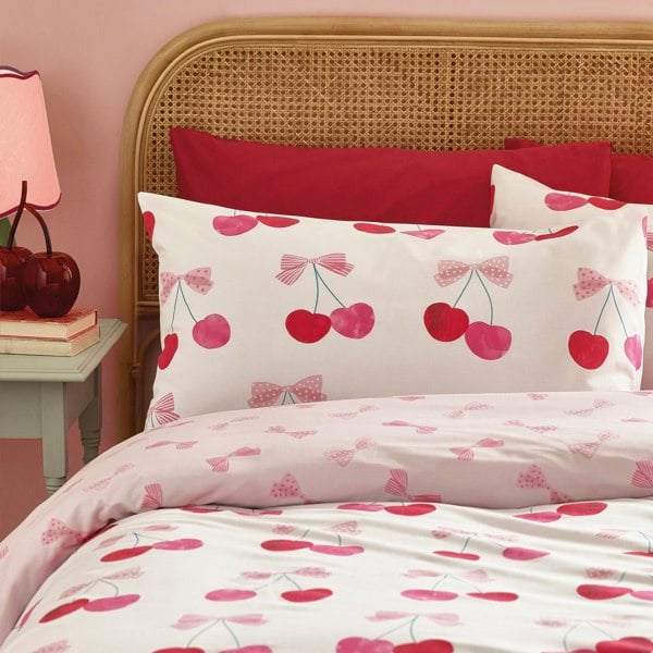 Catherine Lansfield Cherries and Bows Reversible Duvet Cover Set Pink