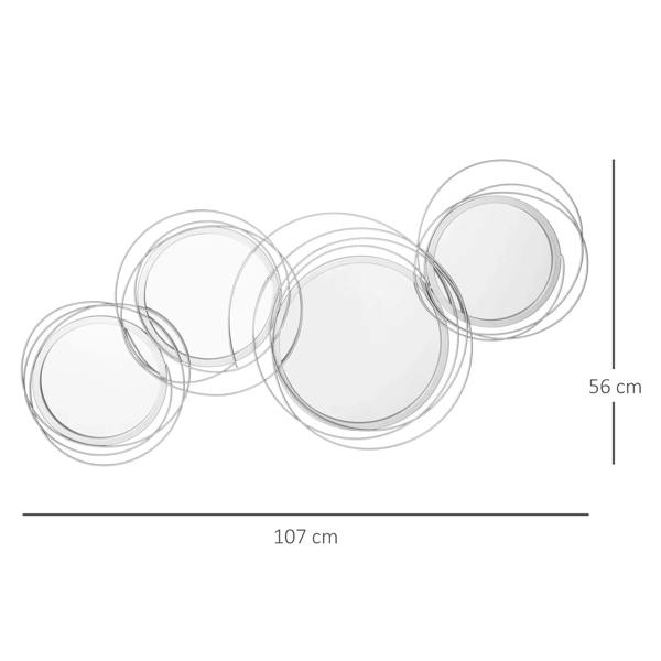 Silver circular wall mirror set with five overlapping round mirrors and metal ring borders