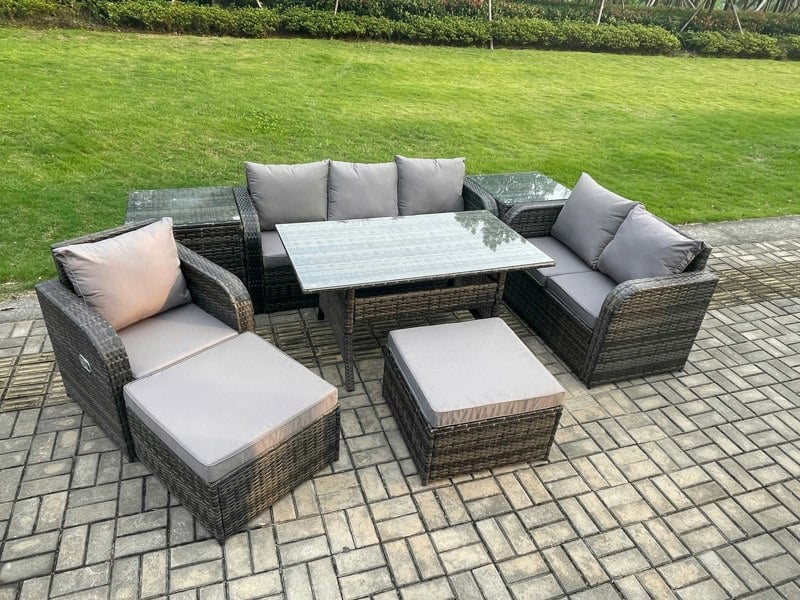 Fimous 8 Piece Rattan Garden Furniture Set with Patio Sofa Rectangular Dining Table 2 Side Tables 2 Big Footstool Indoor Conservatory Patio Set
