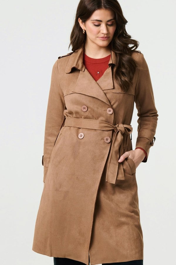 Brown | Suede Tie Waist Button Front Trench Coat
