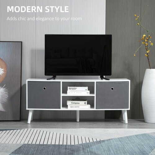 Wyld Haus Nirona 110cm Wooden White TV Storage Cabinet With Grey Fabric Fold Down Drawers For Screens Up To 50 Inches