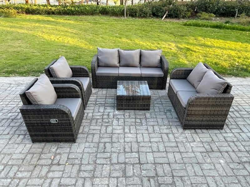 Fimous 7 Seater Garden Furniture Set Rattan Outdoor Lounge Sofa Chair With Tempered Glass Table Dark Grey Mixed