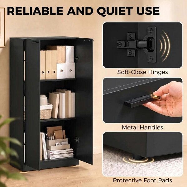 120 cm Tall Storage Cabinet Cupboard, 3-Tier File Organiser Wooden Filing Cabinet, Black