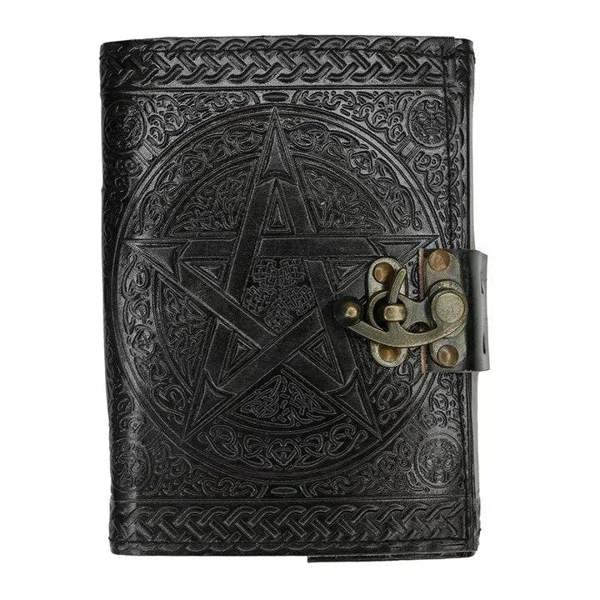 Black embossed leather journal with pentagram design and brass buckle closure