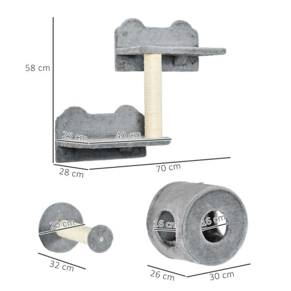 Grey wall cat house and scratching post set with perch and tunnel—size diagram