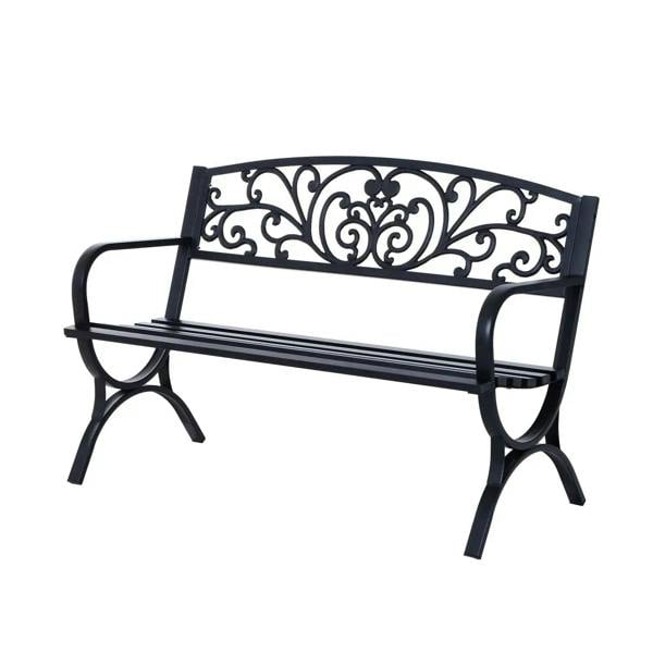 Black powder-coated steel 2-seat garden bench with ornate scrolling backrest and armrests