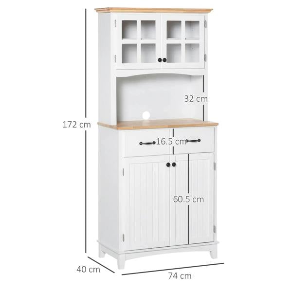 Freestanding white kitchen cabinet with glass doors, two drawers, and paneled base doors