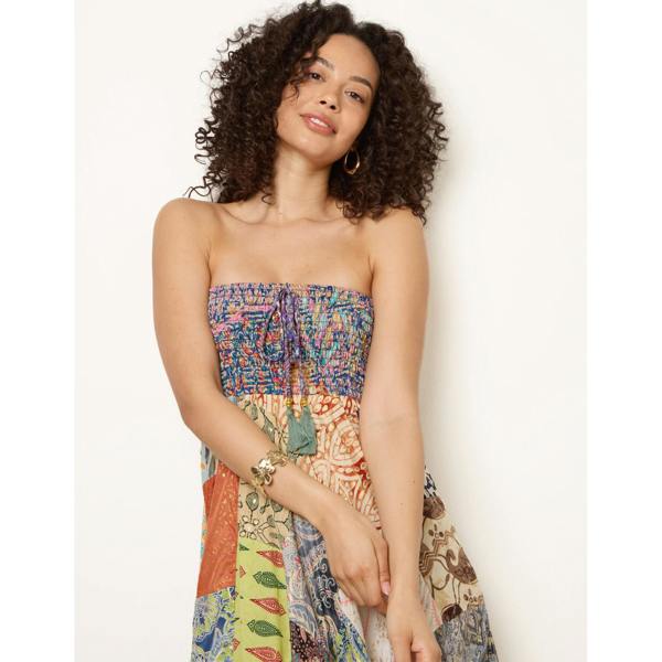 Blue Vanilla Shirred Patchwork Art Bandeau Dress