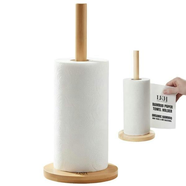 LKH HOME COLLECTION Bamboo Kitchen Roll Holder – Freestanding Paper Towel Holder with Sturdy Base - Organic Natural Bamboo Tissue Stand