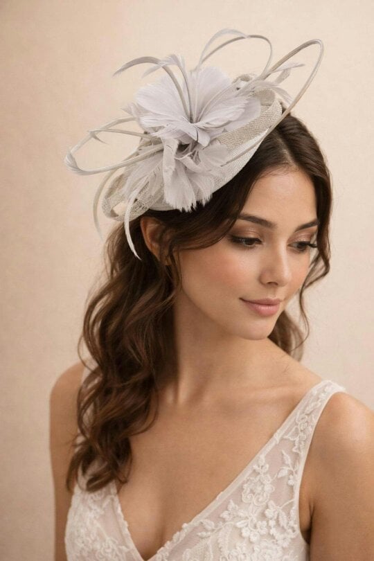 SVNX Floral Feather Fascinator with Loops in Light Grey