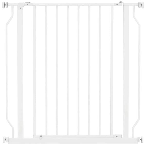 White vertical-bar pressure-mounted dog gate with bottom rail and side brackets