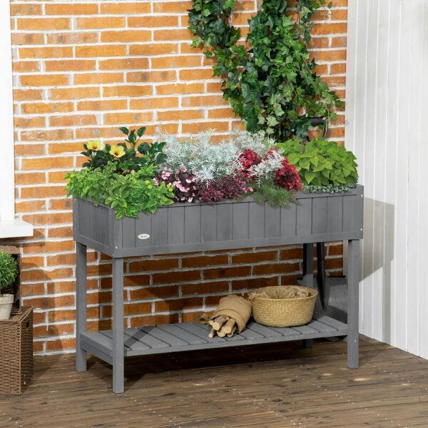 Fir Wood Raised Rectangular 8 Compartment Plant Stand Dark Grey - Dark Grey