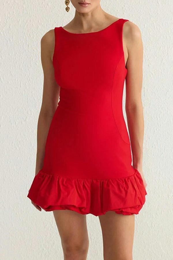 WOVCOR Balloon Skirt Detailed Woven Short Dress with Under Shorts Lining