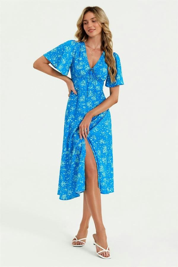 FS Collection Green Floral Print Angel Sleeve Midi Dress In Blue
