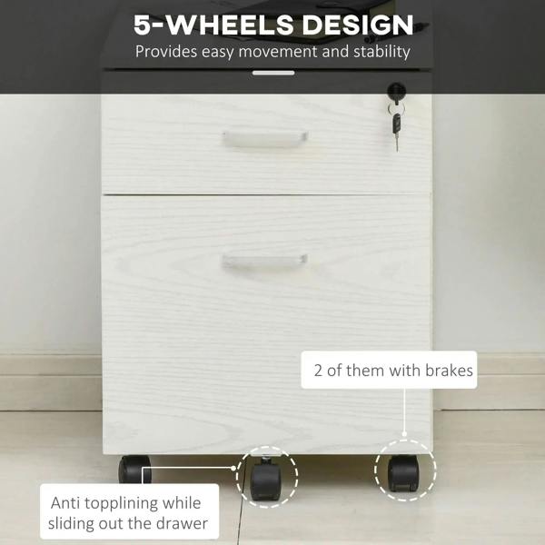 Front view of white locking filing cabinet with key slot and braked wheels