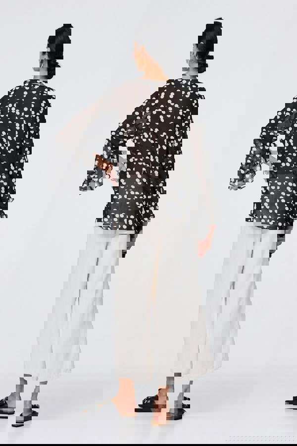 Black | Dot Print Semi Sheer Flare Sleeve Blouse
