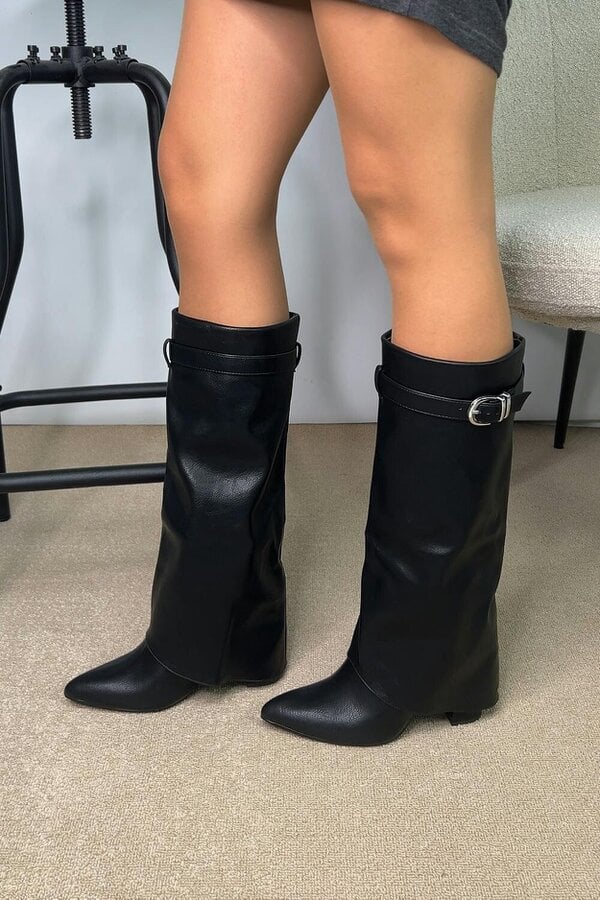 XY LONDON Fold Over Boots Block Heel Buckle Point Toe