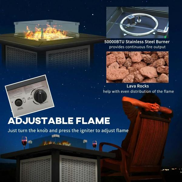 Grey gas fire pit table with glass wind guard, visible burner flame and control knob