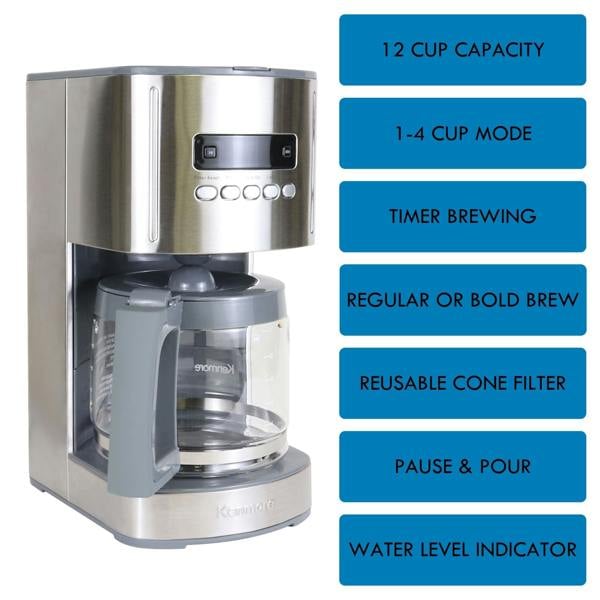Kenmore 12-Cup Filter Coffee Machine 1.8L Programmable Timer Drip Coffee Maker Silver