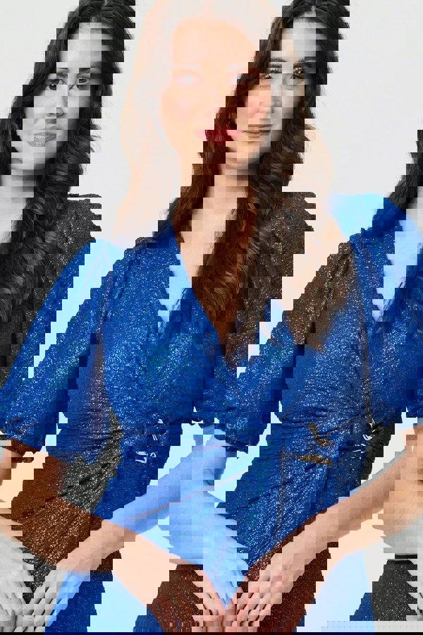 Blue | Sparkly Short Sleeve Belted Wrap Dress