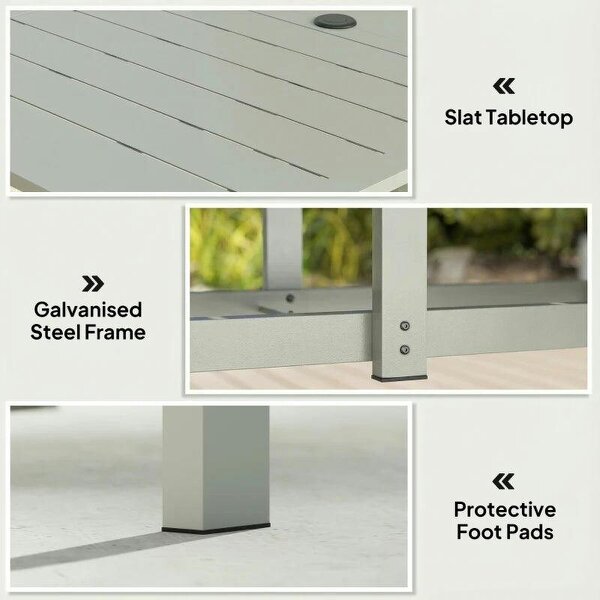 Rectangle Garden Table with Parasol Hole, Outdoor Dining Table for 6, Patio Table for Balcony, 150cm x 90cm, Light Grey