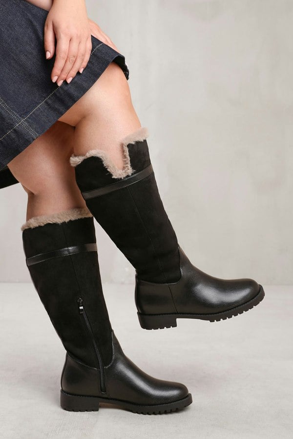 Where's That From Kendra Wide Calf Knee High Boots With Fur Trim and Lining in Wide E Fit in Black Suede and Faux Leather