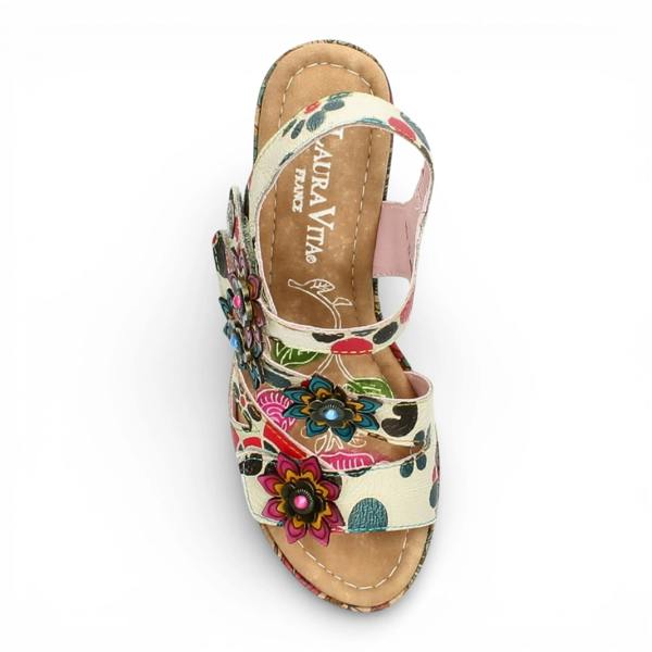Laura Vita Nellao 33 - Women's Beige Floral Leather Wedge Sandals