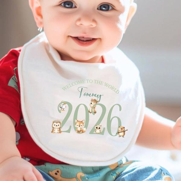 Personalised Woodland Animals 2026 Baby Grow, Vest or Bib with Name