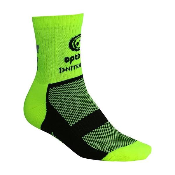Fluro green Optimum NiteBrite cycling sock with black mesh sole and logo, side view on white - Optimum