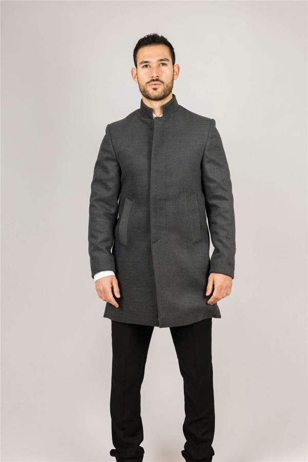 Infinity Leather Men's Grey Stand Collar Wool Blend Overcoat