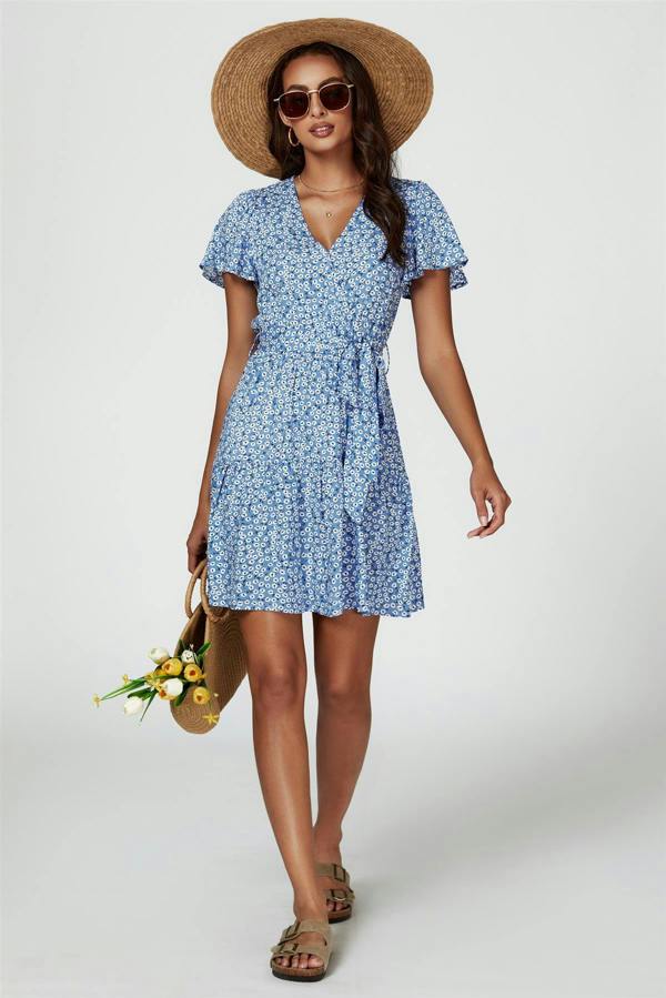 FS Collection Floral Print Hem Tiered Wrap Mini Dress In Blue