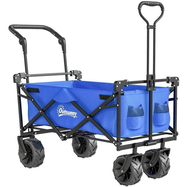 Blue folding 4-wheel storage cart with push-pull handle and overhead canopy