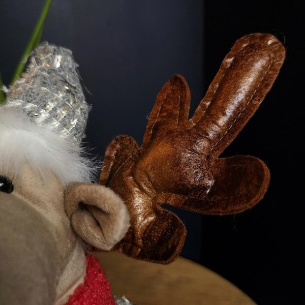 Samuel Alexander 38cm Plush Reindeer Christmas Decoration with Hat and Scarf in Grey