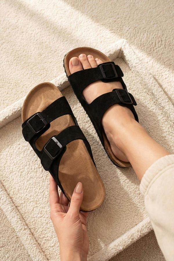 Harper Womens Double Buckle Cork Slide Sandals - JET BLACK