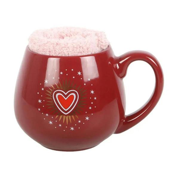 Red heart-themed mug with fuzzy top and side handle, decorated with star accents.
