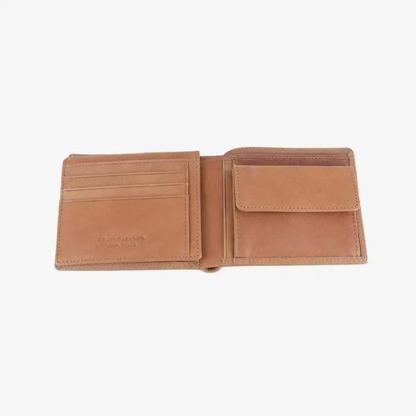 Tan leather wallet on a white background