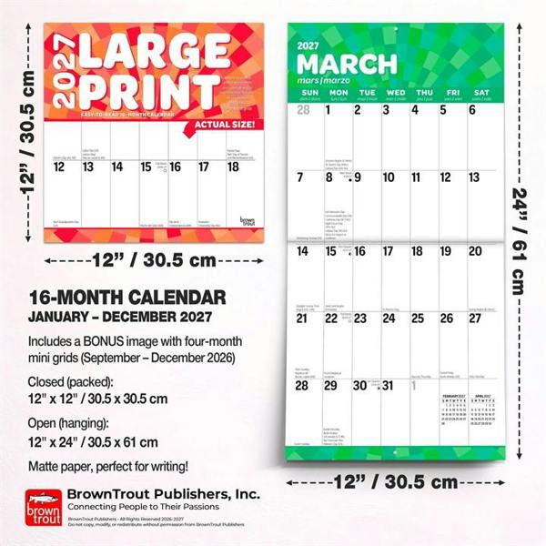 Large Print Calendar 2027, Wall Calendars, Month To View, Basics, Gift