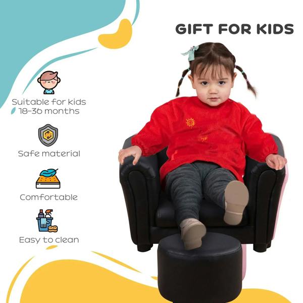 Black kids armchair with round footstool; toddler seated