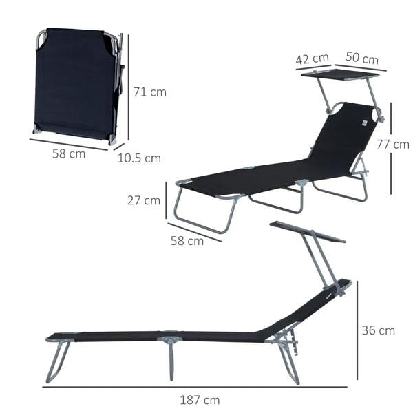Black foldable sun lounger chair with adjustable backrest, showing size diagram