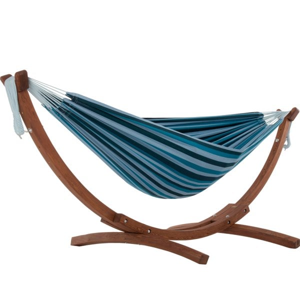 Vivere Double Cotton Hammock with Solid Pine Stand (260cm) - Blue Lagoon